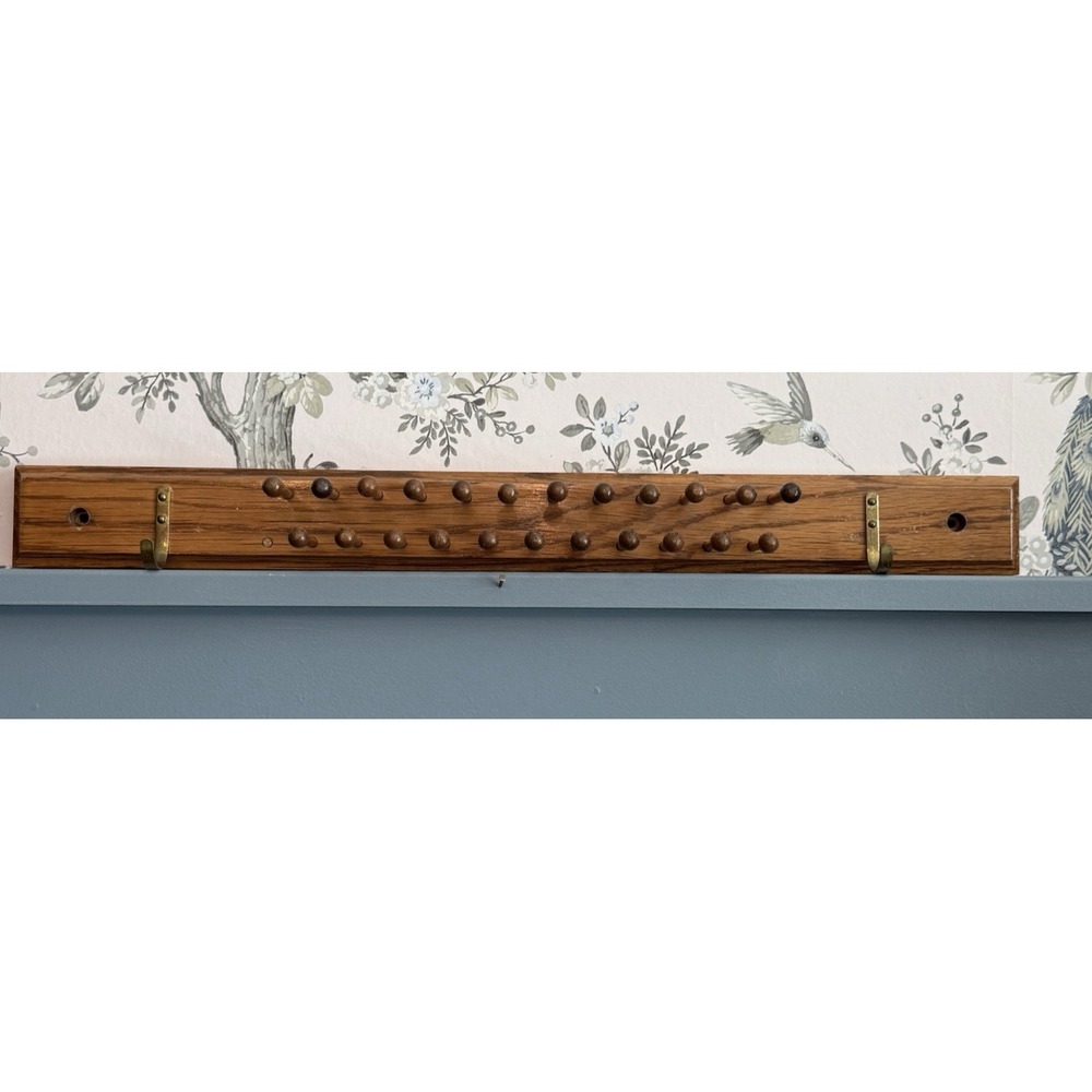 Vintage Wooden Tie Rack: 23 Pegs & Brass Hooks Jewelry Display